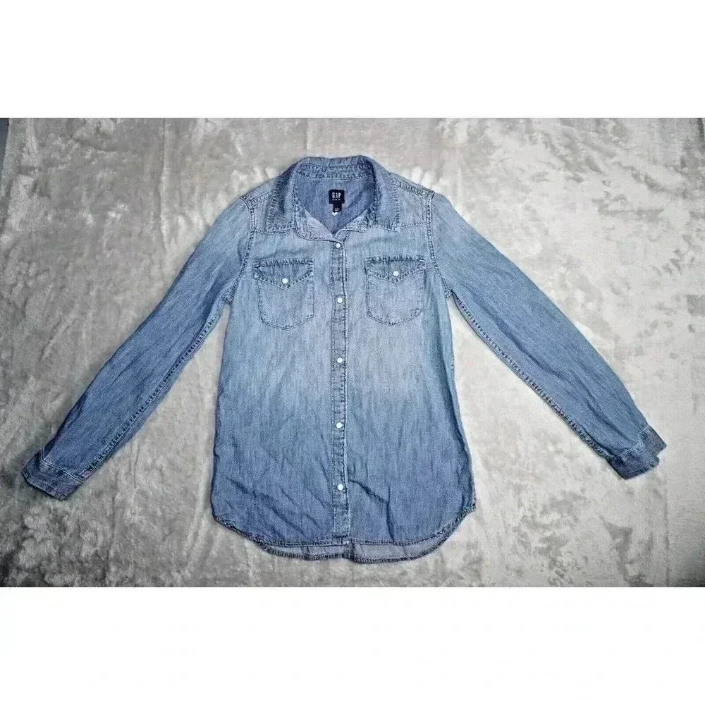 GAP Kids Denim Shirt Dress Girls Sz L (10) Pearl Snap Front Jean Long Sleeves